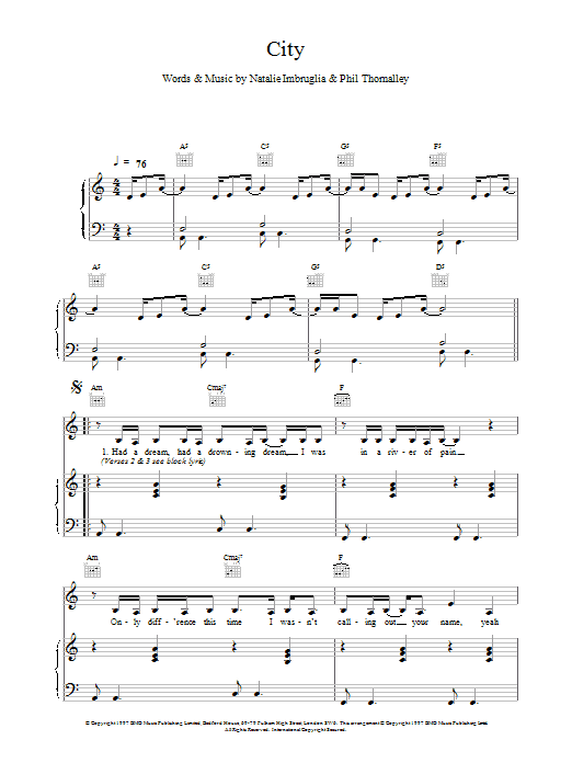 Natalie Imbruglia City sheet music notes and chords. Download Printable PDF.