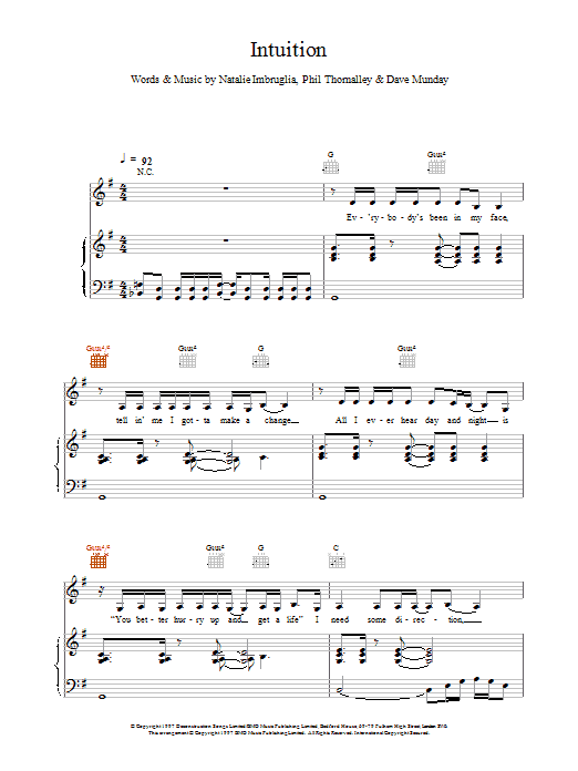 Natalie Imbruglia Intuition sheet music notes and chords. Download Printable PDF.