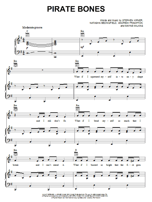 Natasha Bedingfield Pirate Bones sheet music notes and chords. Download Printable PDF.