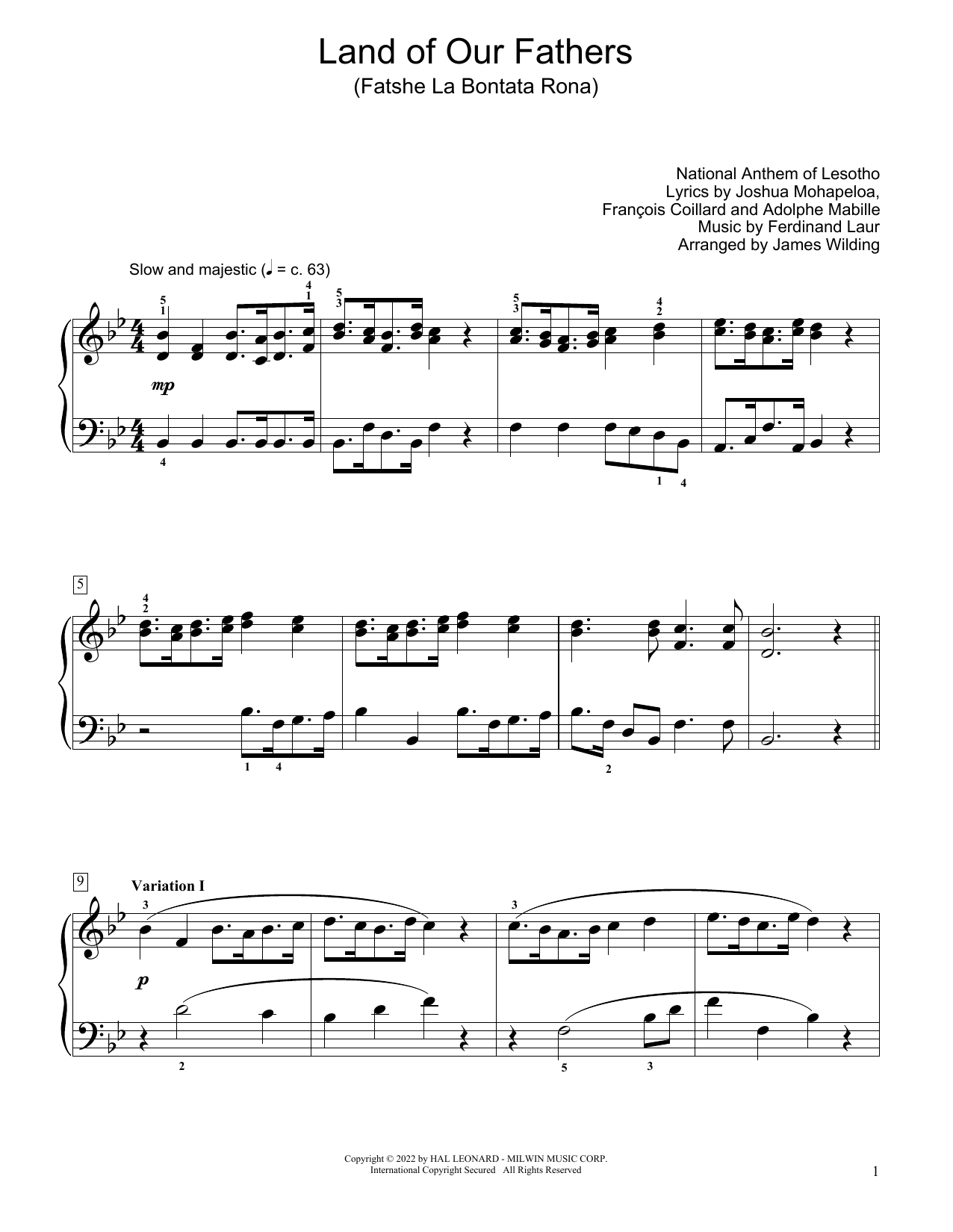 National Anthem of Lesotho "Land Of Our Fathers (Fatshe La Bontata Rona)  (arr. James Wilding)" Sheet Music | Download Printable PDF Score. SKU  1158596