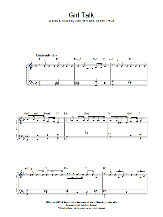 Learn to play Bobby Troup Girl Talk sheet music for Easy Piano in minutes. Price: 6.9900$ Bobby Troup Girl Talk sheet music notes and chords arranged for Easy Piano