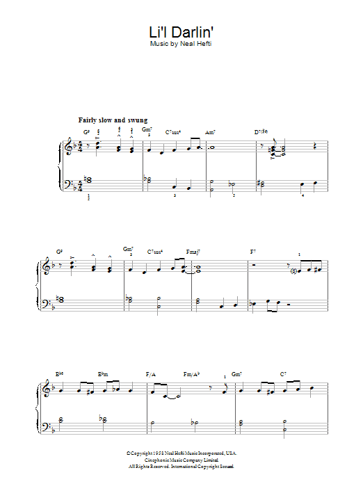 Learn to play Neal Hefti Li'l Darlin' sheet music for Beginner Piano in minutes. Neal Hefti Li'l Darlin' sheet music notes and chords. Download Printable PDF.