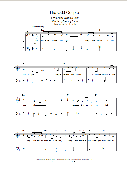 Learn to play Neal Hefti The Odd Couple sheet music for Piano, Vocal & Guitar (Right-Hand Melody) in minutes. Neal Hefti The Odd Couple sheet music notes and chords. Download Printable PDF.