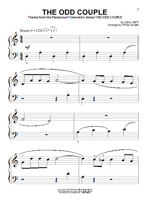 Learn to play Neal Hefti The Odd Couple sheet music for Beginning Piano Solo in minutes. Price: 6.9900$ Neal Hefti The Odd Couple sheet music notes and chords arranged for Beginning Piano Solo