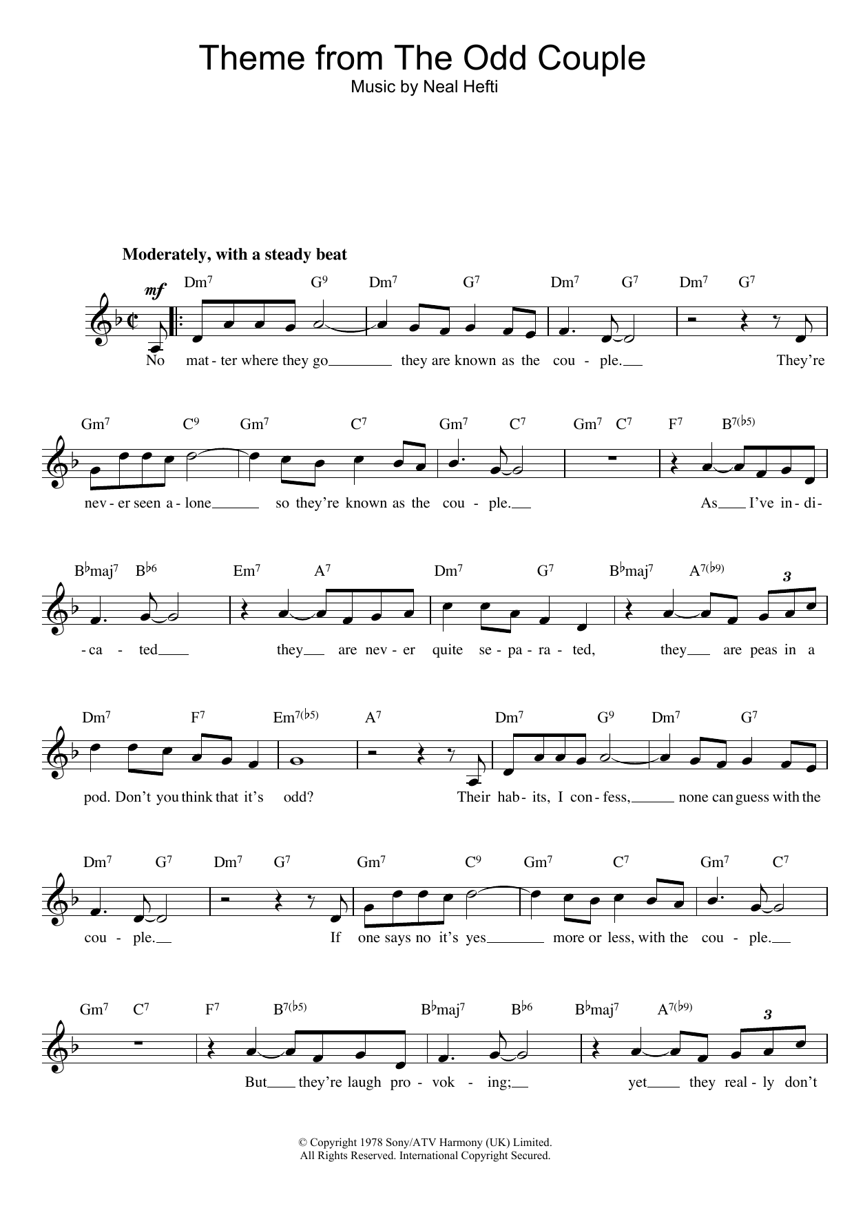 Neal Hefti Theme from The Odd Couple sheet music notes and chords. Download Printable PDF.