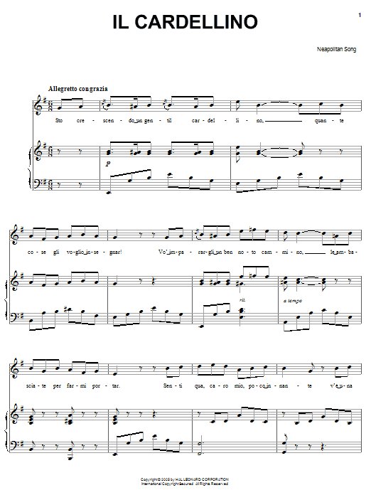 Neapolitan Song Il cardellino sheet music notes and chords. Download Printable PDF.