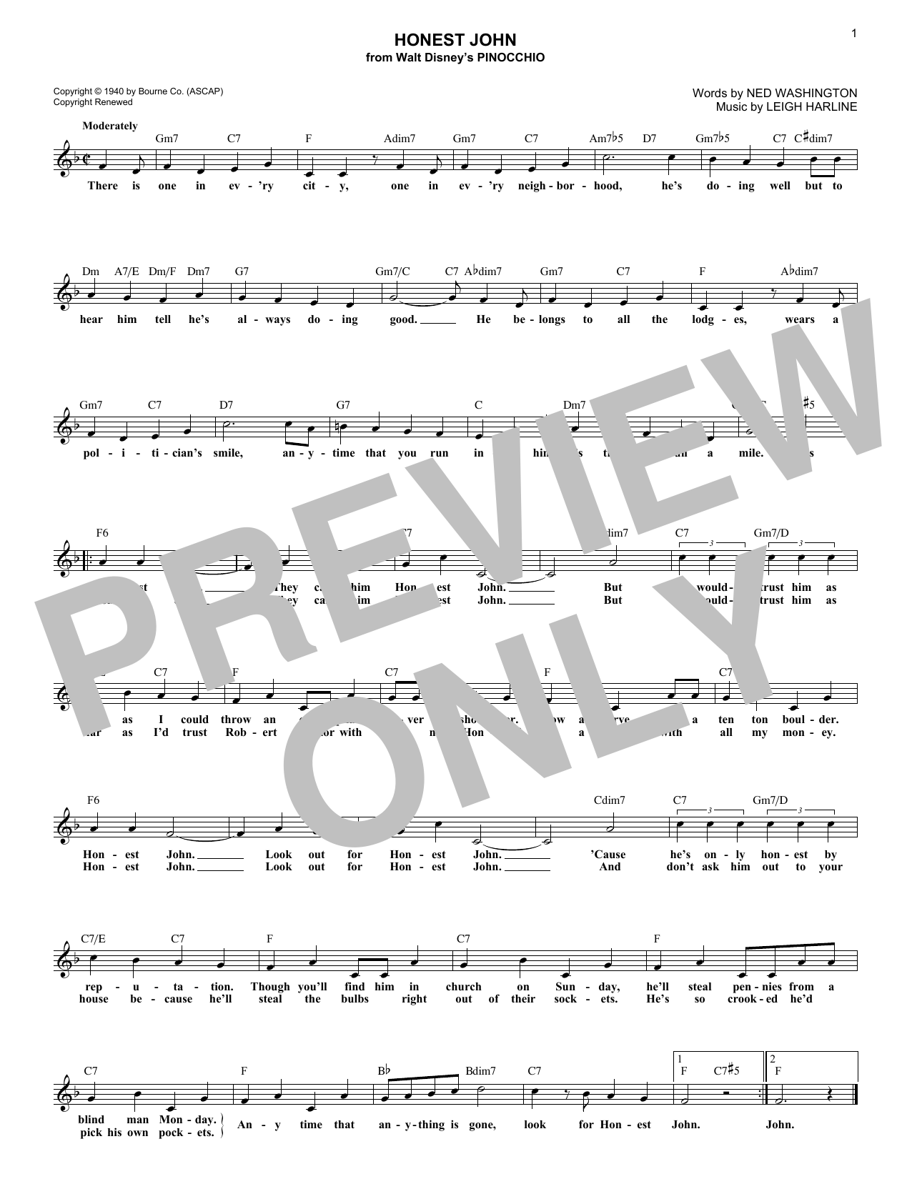 Ned Washington Honest John sheet music notes and chords. Download Printable PDF.