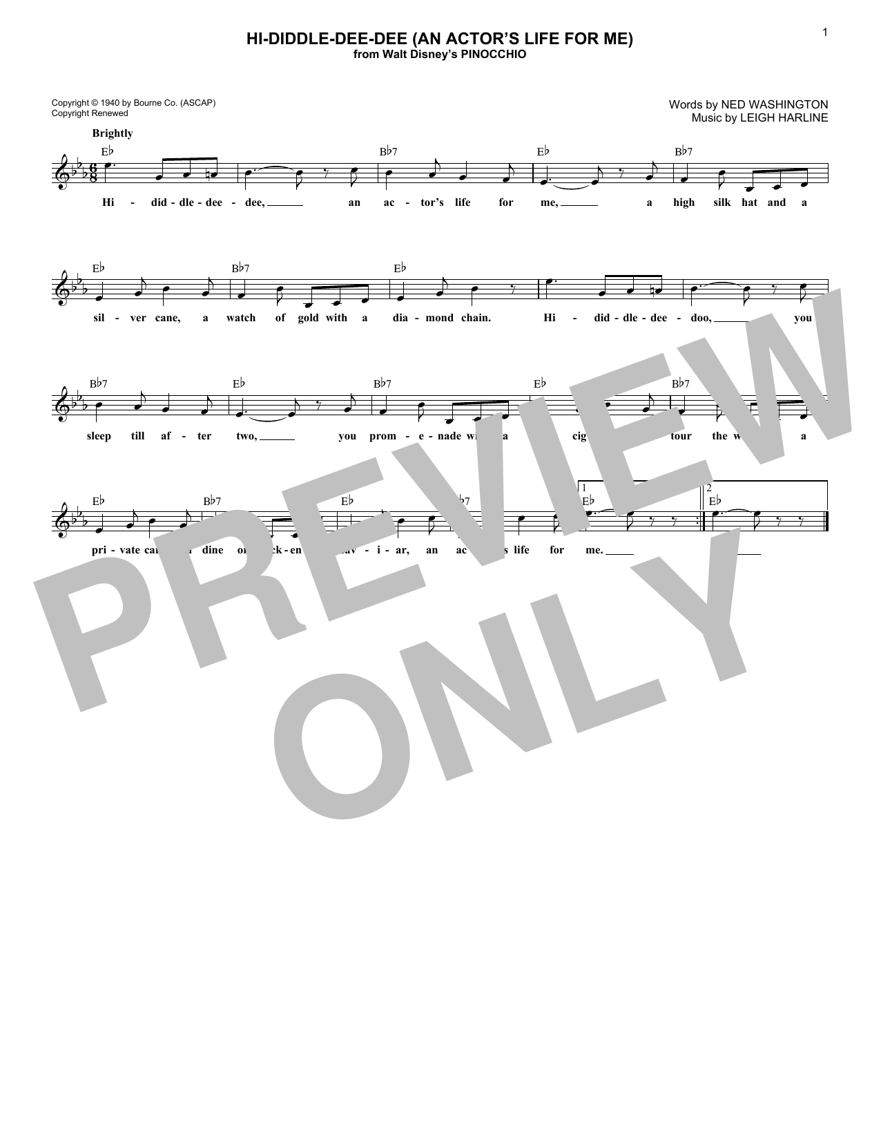 Leigh Harline Hi-Diddle-Dee-Dee (An Actor's Life For Me) sheet music notes and chords arranged for Lead Sheet / Fake Book