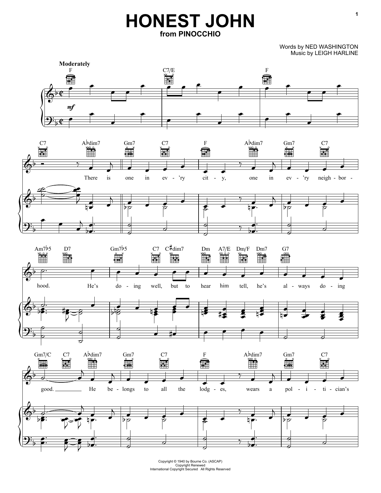 Learn to play Ned Washington and Leigh Harline Honest John (from Walt Disney's Pinocchio) sheet music for Piano, Vocal & Guitar Chords (Right-Hand Melody) in minutes. Price: 6.9900$ Ned Washington and Leigh Harline Honest John (from Walt Disney's Pinocchio) sheet music notes and chords arranged for Piano, Vocal & Guitar Chords (Right-Hand Melody)
