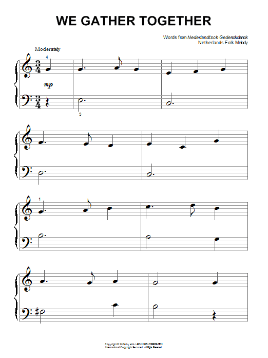 Nederlandtsch Gedenckclanck We Gather Together sheet music notes and chords arranged for Super Easy Piano