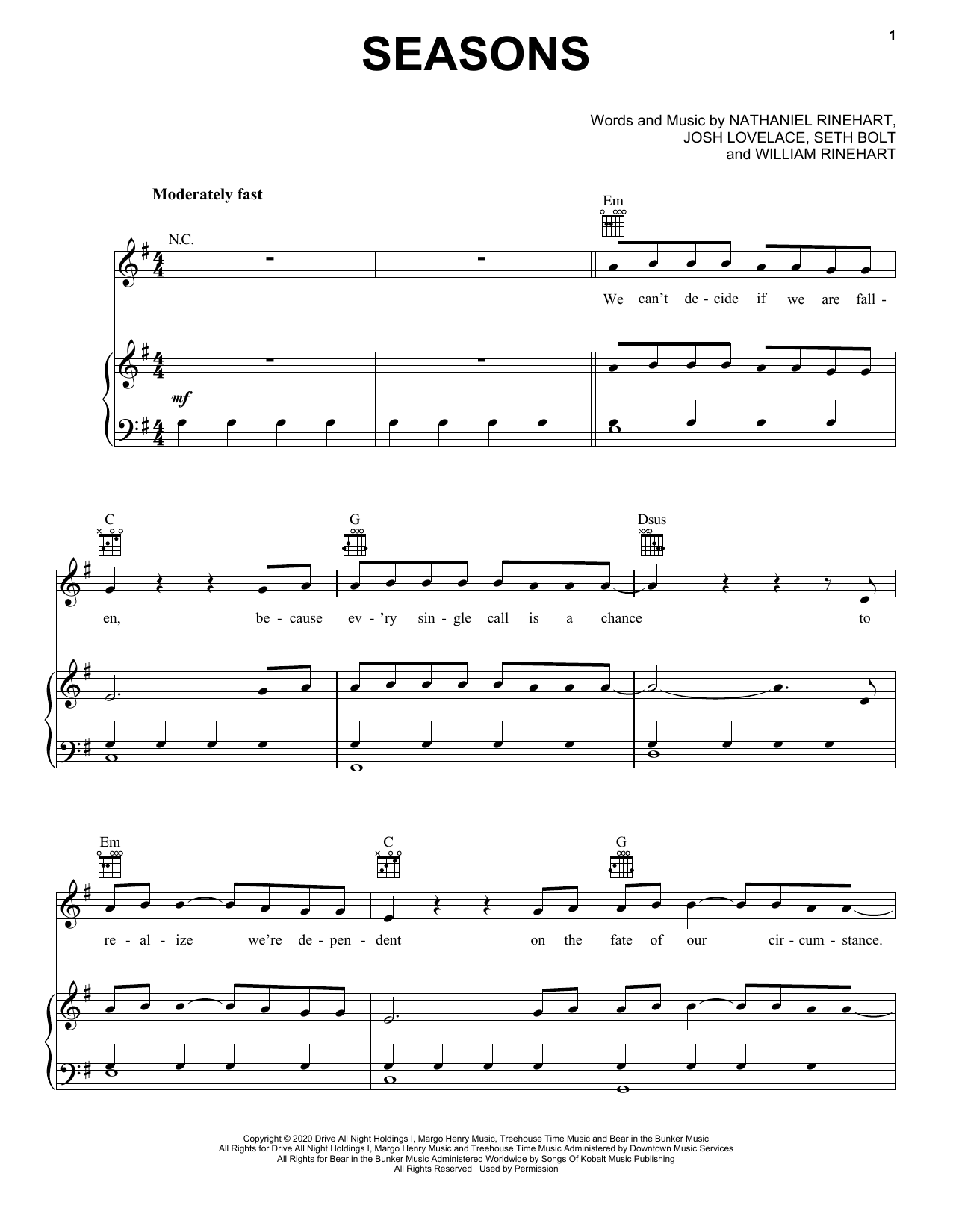 Needtobreathe Seasons Sheet Music Notes Chords Rock Partiture Piano Vocal Guitar Right Hand Melody Download Printable Pdf