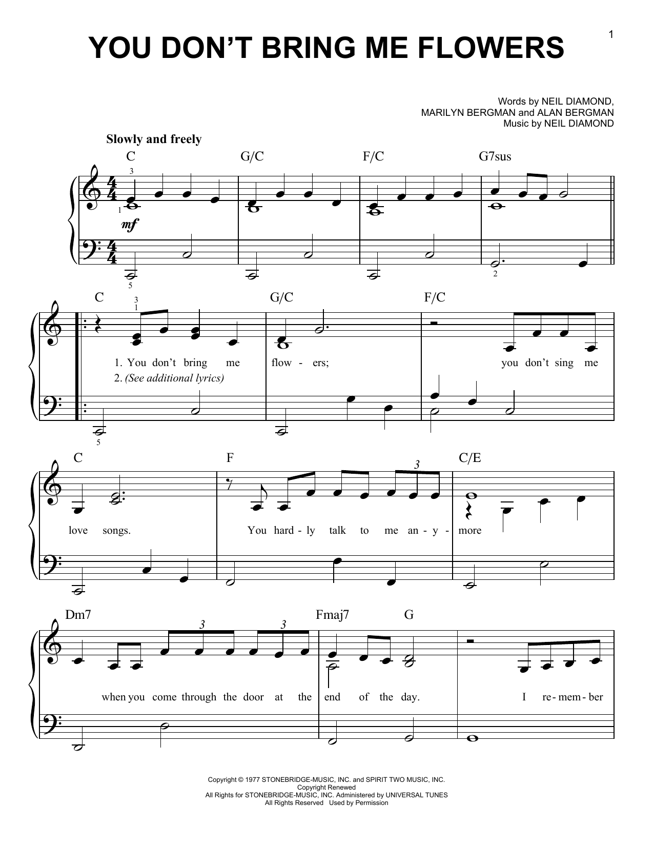 Neil Diamond & Barbra Streisand You Don't Bring Me Flowers sheet music notes and chords. Download Printable PDF.