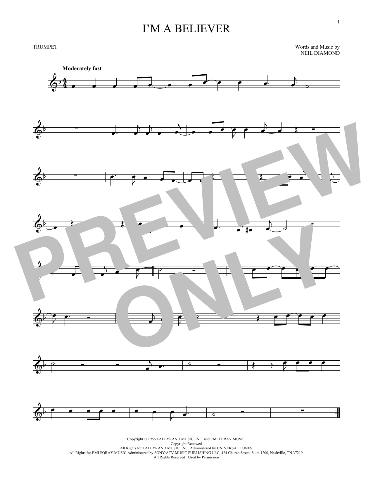 Neil Diamond I'm A Believer sheet music notes and chords. Download Printable PDF.