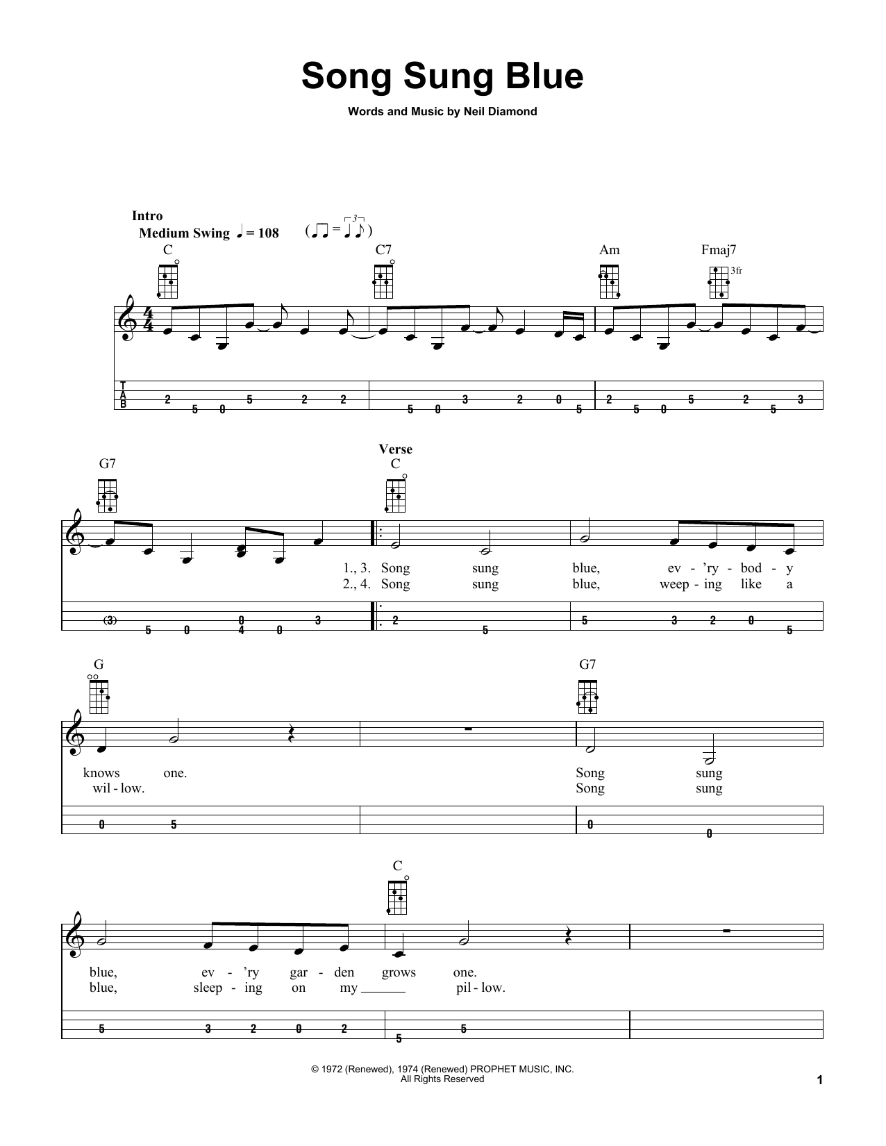 Neil Diamond Song Sung Blue (arr. Bobby Westfall) sheet music notes and chords. Download Printable PDF.