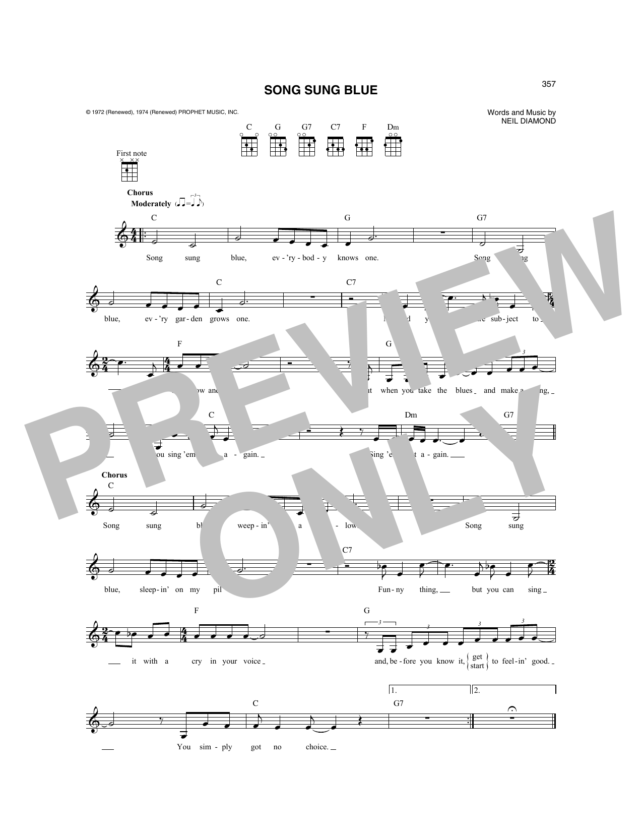 Neil Diamond Song Sung Blue sheet music notes and chords. Download Printable PDF.