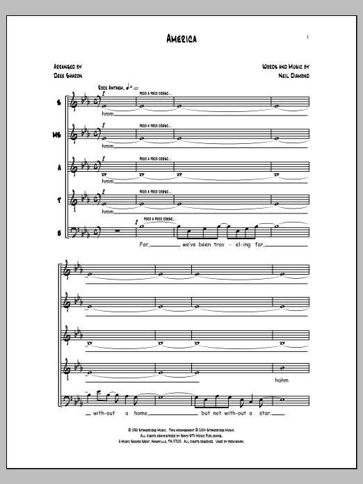 Learn to play Neil Diamond America (arr. Neil Diamond) sheet music for SSATB Choir in minutes. Price: 3.9900$ Neil Diamond America (arr. Neil Diamond) sheet music notes and chords arranged for SSATB Choir