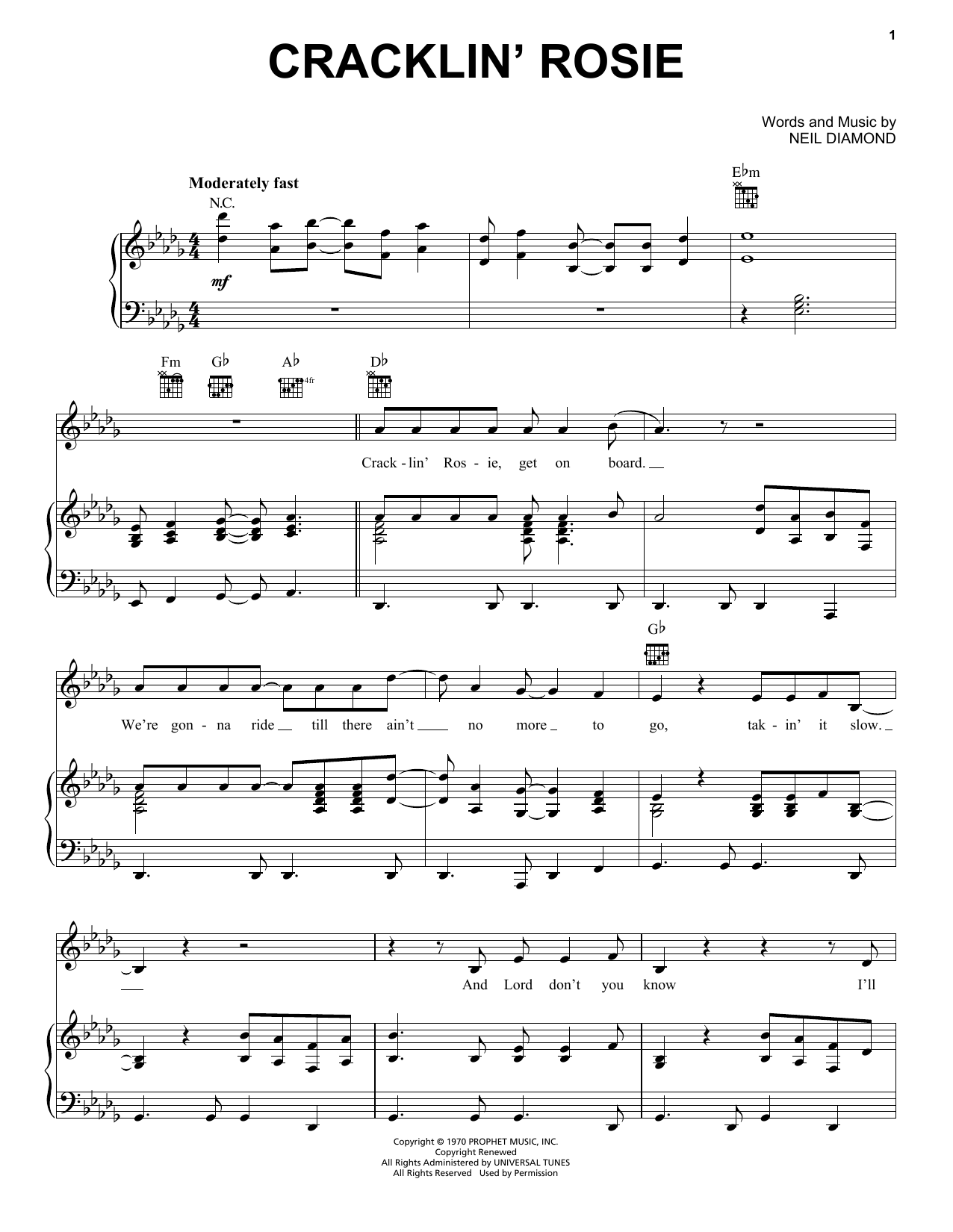 Neil Diamond Cracklin' Rosie sheet music notes and chords. Download Printable PDF.