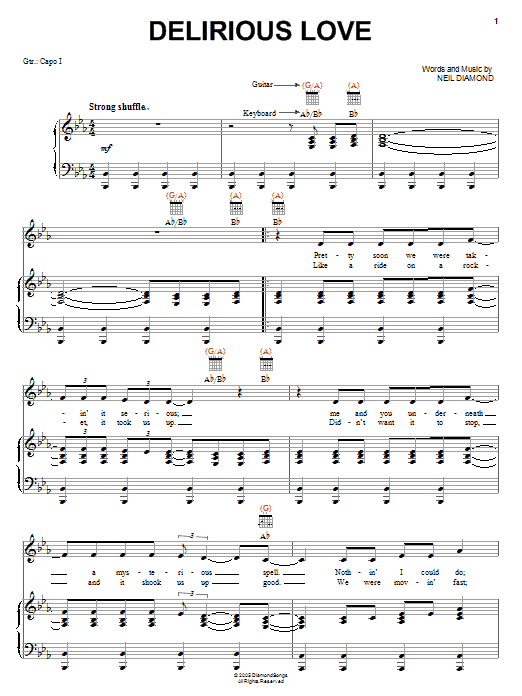 Learn to play Neil Diamond Delirious Love sheet music for Piano, Vocal & Guitar (Right-Hand Melody) in minutes. Price: 6.9900$ Neil Diamond Delirious Love sheet music notes and chords. Download Printable PDF.