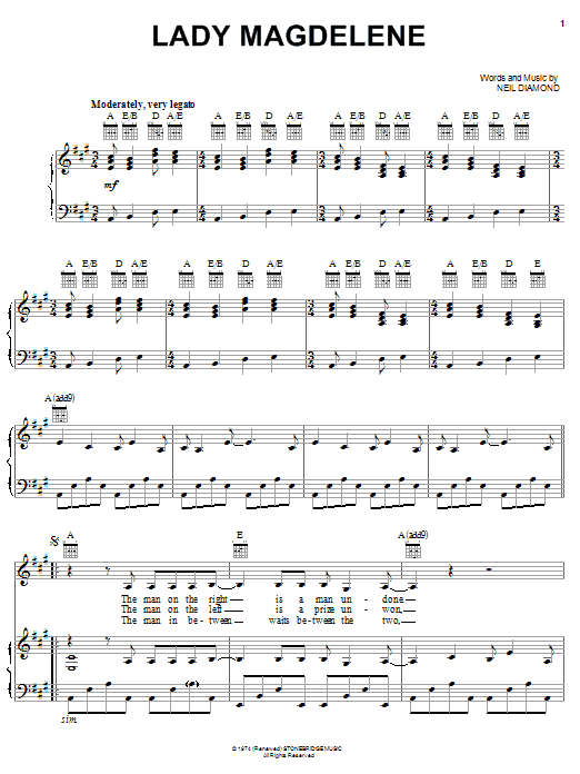Neil Diamond Lady Magdelene sheet music notes and chords. Download Printable PDF.