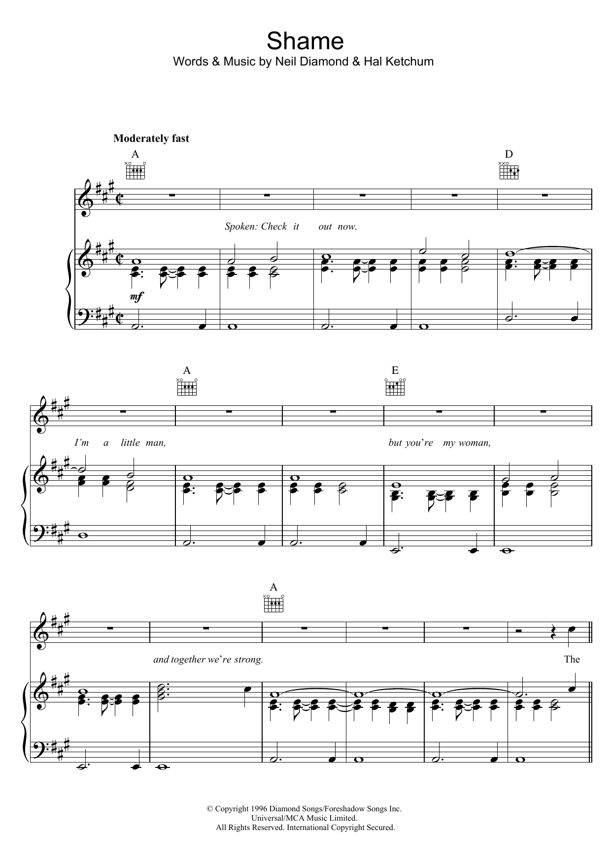 Neil Diamond Shame sheet music notes and chords. Download Printable PDF.