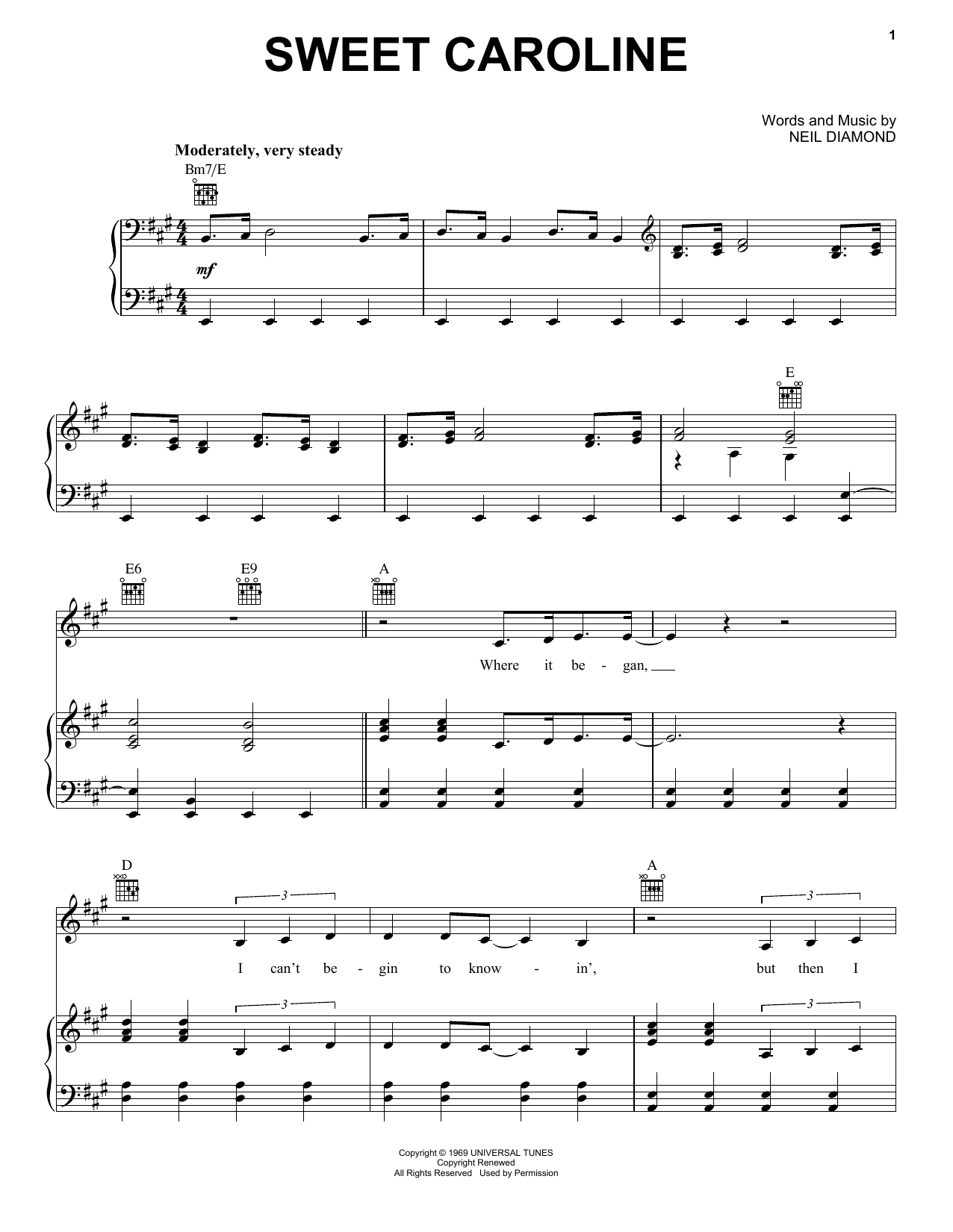 Neil Diamond Sweet Caroline sheet music notes and chords. Download Printable PDF.