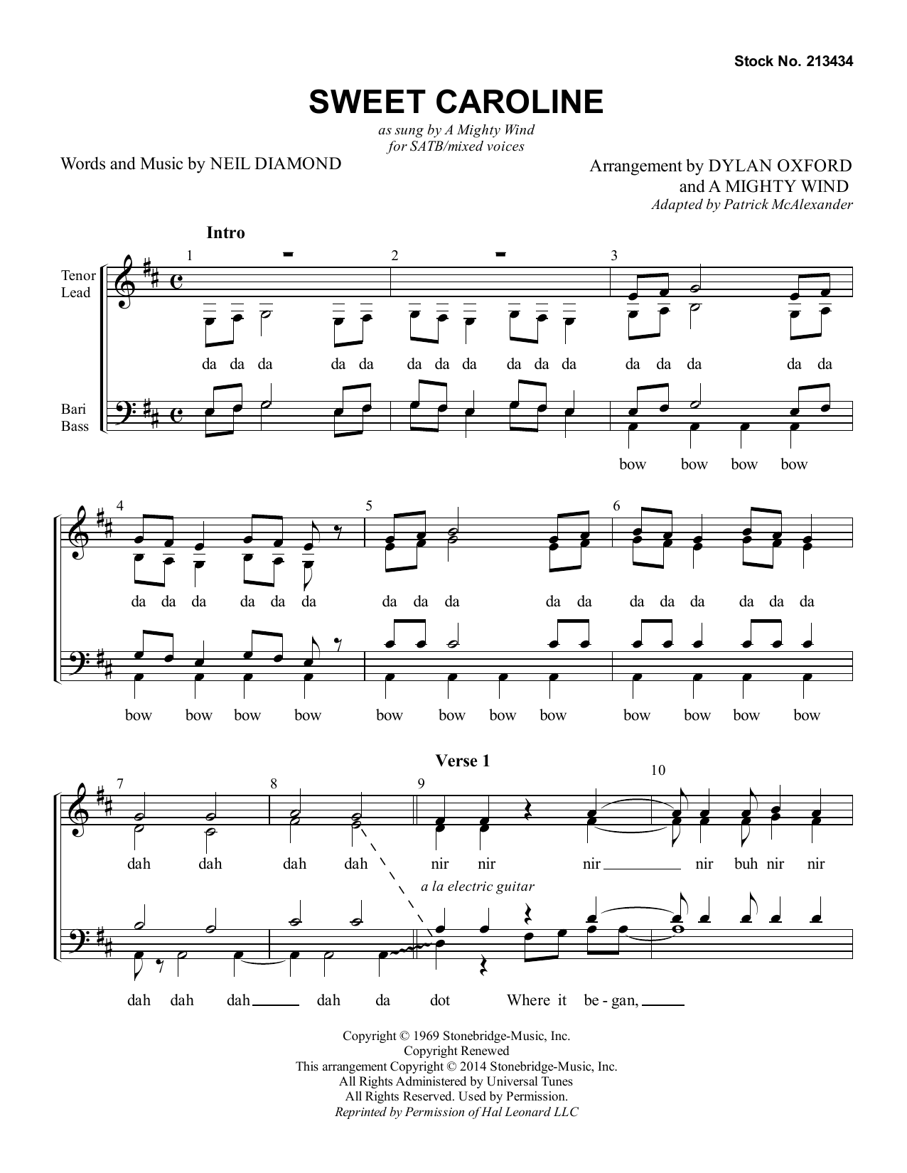 Learn to play Neil Diamond Sweet Caroline (arr. Dylan Oxford & A Mighty Wind) sheet music for SATB Choir in minutes. Price: 3.9900$ Neil Diamond Sweet Caroline (arr. Dylan Oxford & A Mighty Wind) sheet music notes and chords arranged for SATB Choir