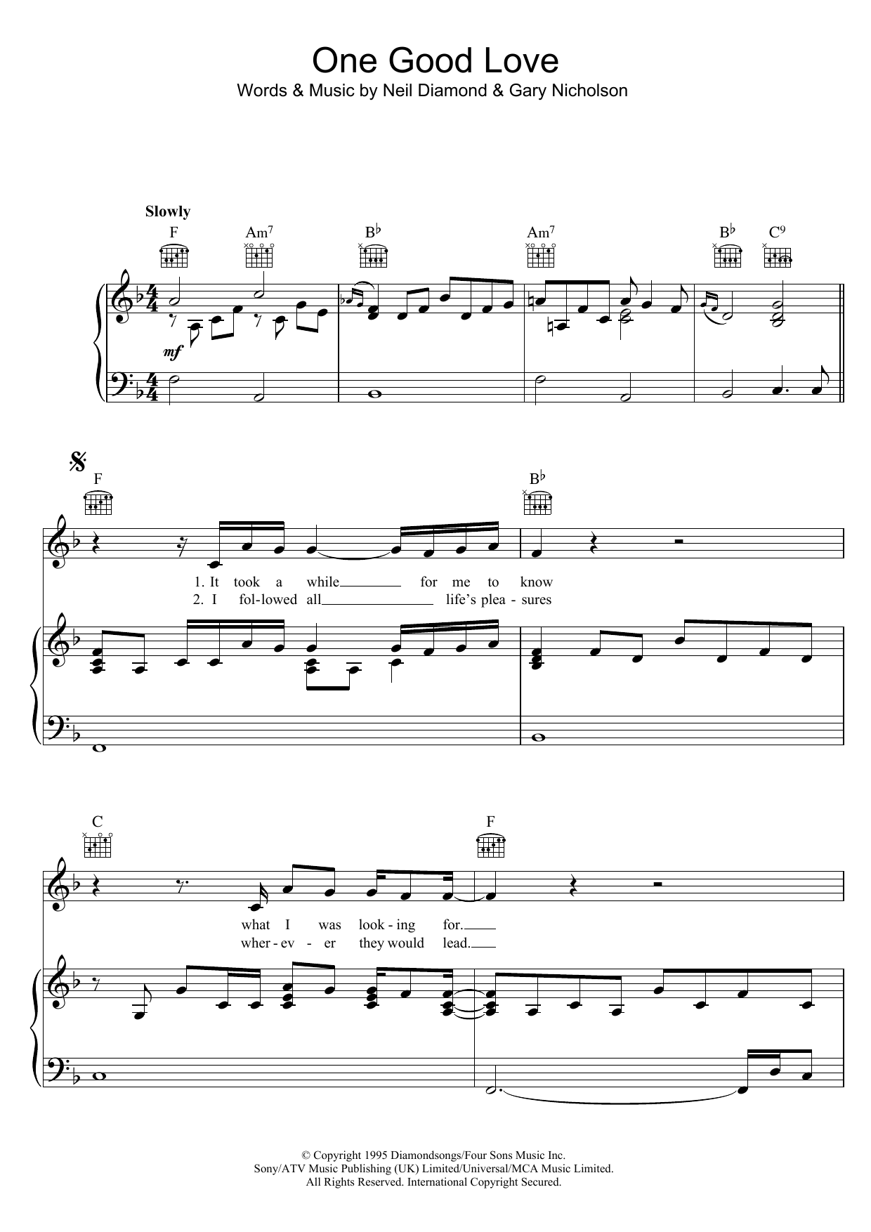 Learn to play Neil Diamond & Waylon Jennings One Good Love sheet music for Piano, Vocal & Guitar (Right-Hand Melody) in minutes. Neil Diamond & Waylon Jennings One Good Love sheet music notes and chords