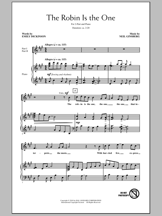 Learn to play Neil Ginsberg The Robin Is The One sheet music for 2-Part Choir in minutes. Price: 3.9900$ Neil Ginsberg The Robin Is The One sheet music notes and chords arranged for 2-Part Choir