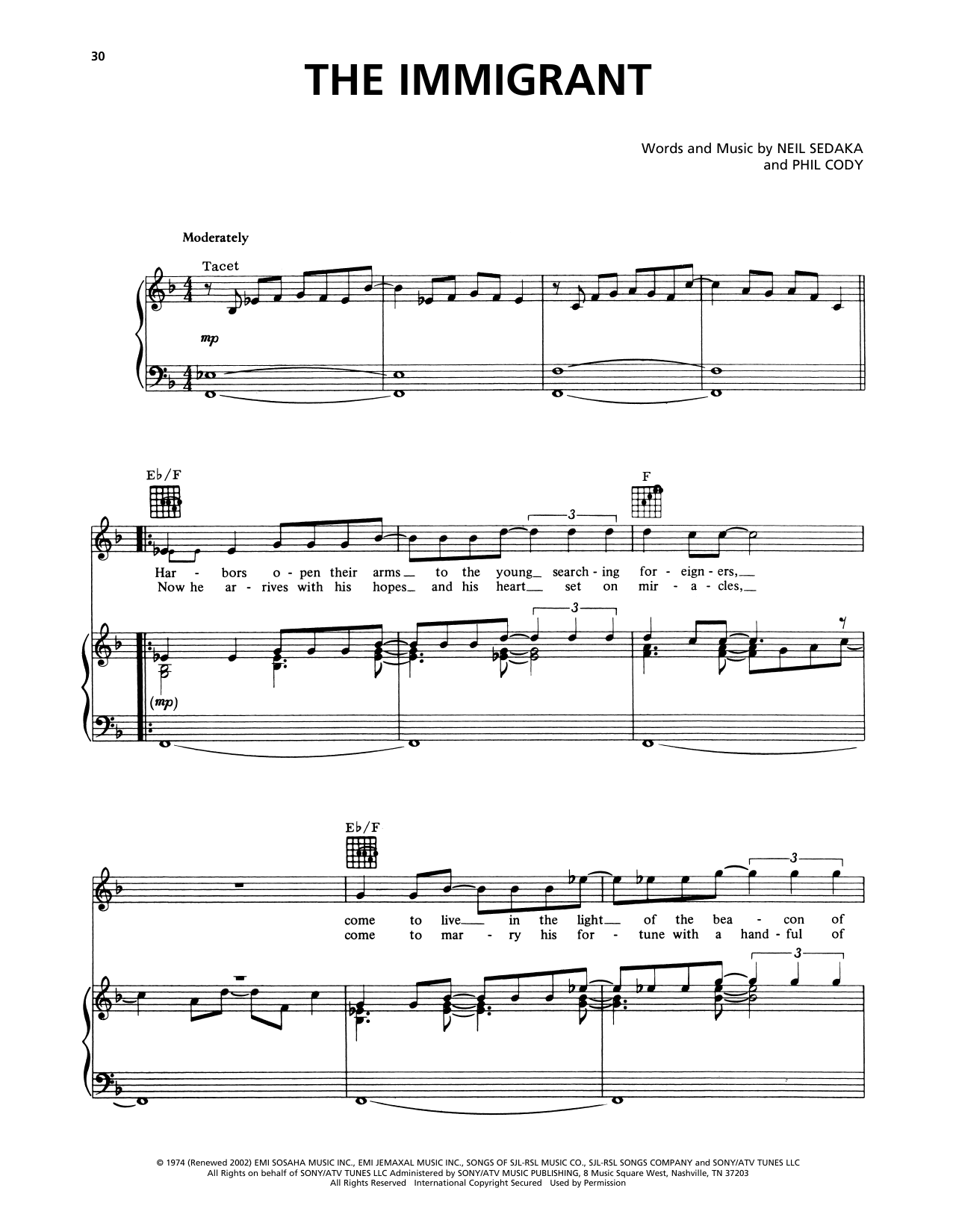 Neil Sedaka The Immigrant sheet music notes and chords. Download Printable PDF.