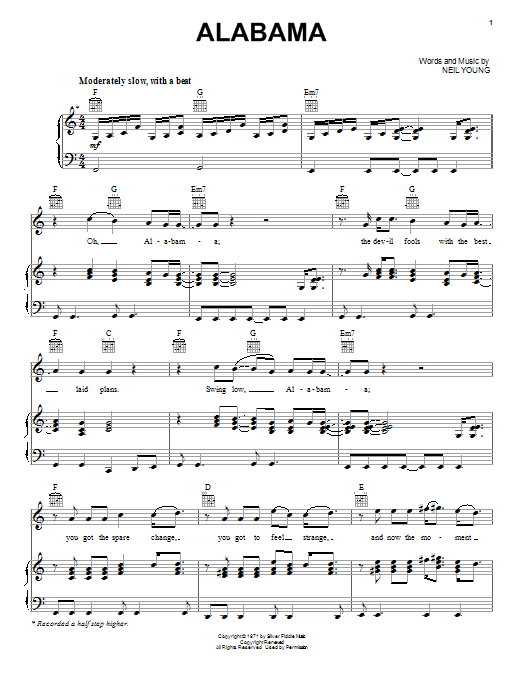 Learn to play Neil Young Alabama sheet music for Easy Guitar Tab in minutes. Neil Young Alabama sheet music notes and chords. Download Printable PDF.