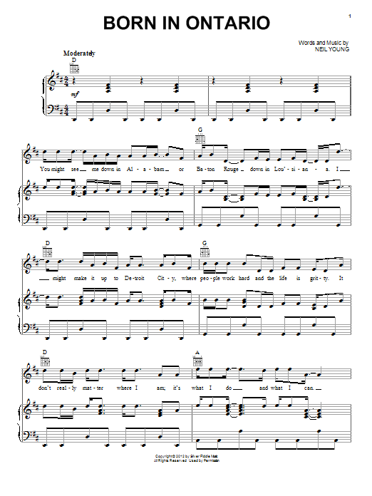 Learn to play Neil Young Born In Ontario sheet music for Piano, Vocal & Guitar (Right-Hand Melody) in minutes. Neil Young Born In Ontario sheet music notes and chords. Download Printable PDF.