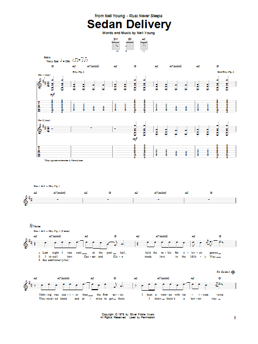 Learn to play Neil Young Sedan Delivery sheet music for Guitar Tab in minutes. Price: 7.8900$ Neil Young Sedan Delivery sheet music notes and chords arranged for Guitar Tab