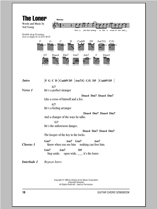 Neil Young The Loner sheet music notes and chords. Download Printable PDF.