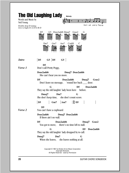 Learn to play Neil Young The Old Laughing Lady sheet music for Guitar Rhythm Tab in minutes. Price: 5.9900$ Neil Young The Old Laughing Lady sheet music notes and chords arranged for Guitar Rhythm Tab