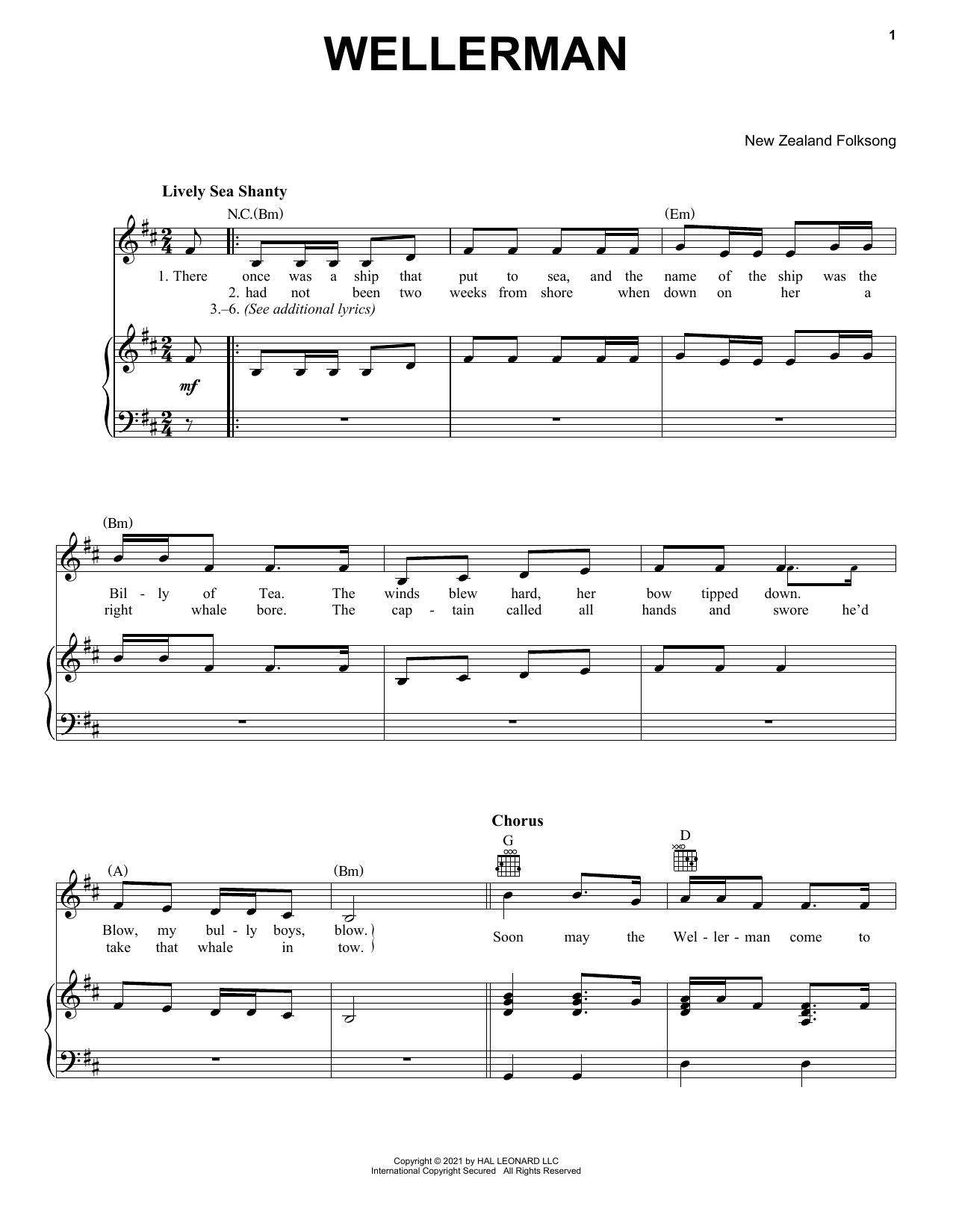 New Zealand Folksong Wellerman sheet music notes and chords. Download Printable PDF.