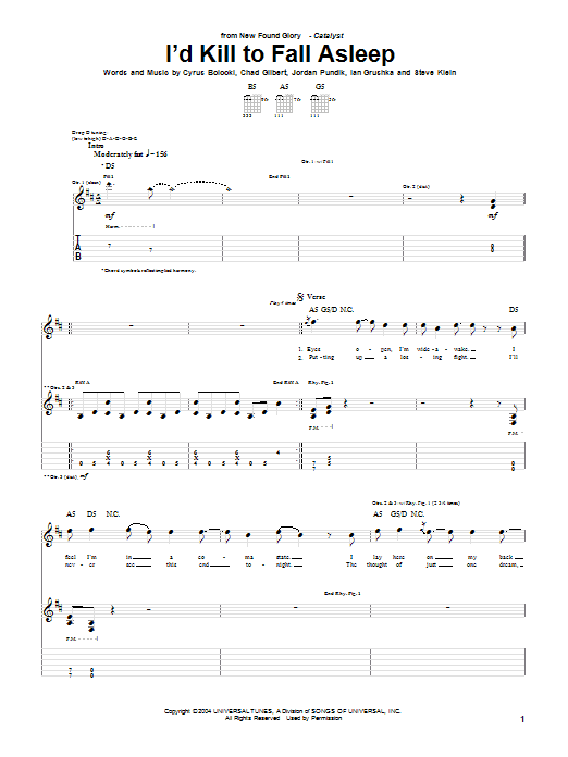 New Found Glory I'd Kill To Fall Asleep sheet music notes and chords. Download Printable PDF.