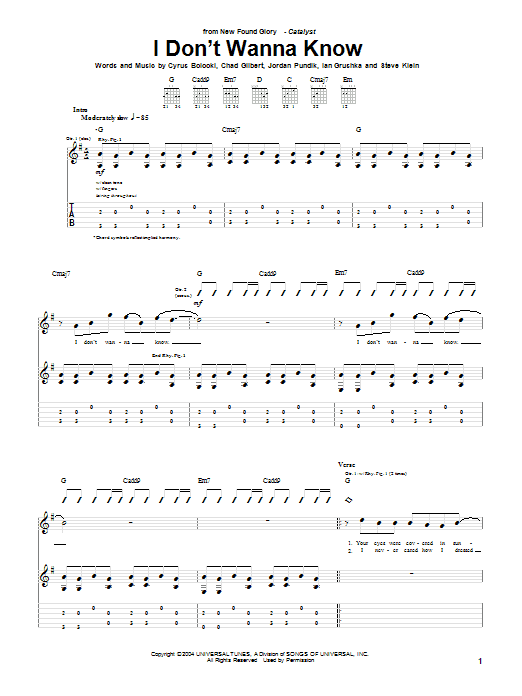 New Found Glory I Don't Wanna Know sheet music notes and chords. Download Printable PDF.