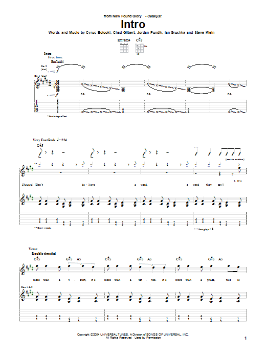 New Found Glory Intro sheet music notes and chords. Download Printable PDF.