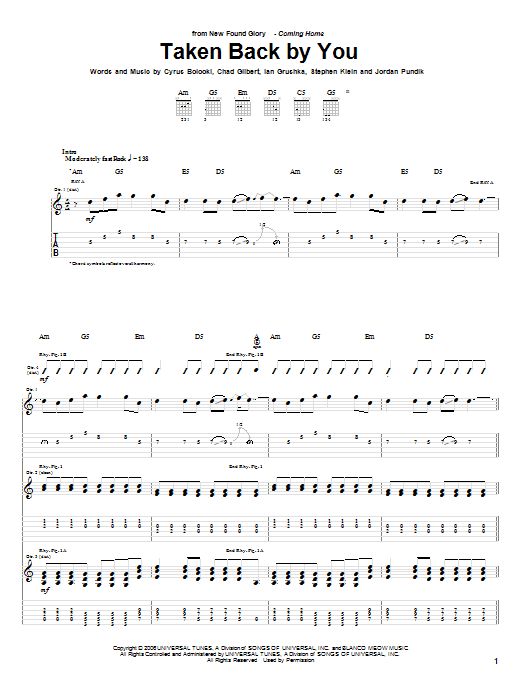Learn to play New Found Glory Taken Back By You sheet music for Guitar Tab in minutes. Price: 7.8900$ New Found Glory Taken Back By You sheet music notes and chords arranged for Guitar Tab