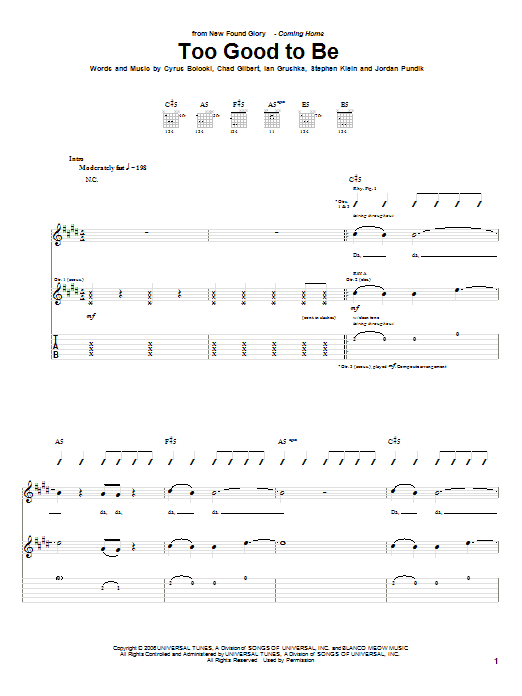 New Found Glory Too Good To Be sheet music notes and chords arranged for Guitar Tab