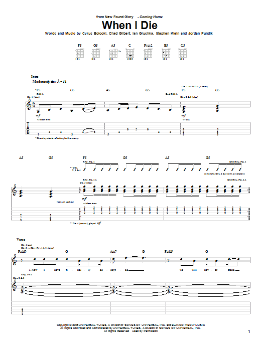 Learn to play New Found Glory When I Die sheet music for Guitar Tab in minutes. Price: 7.8900$ New Found Glory When I Die sheet music notes and chords arranged for Guitar Tab
