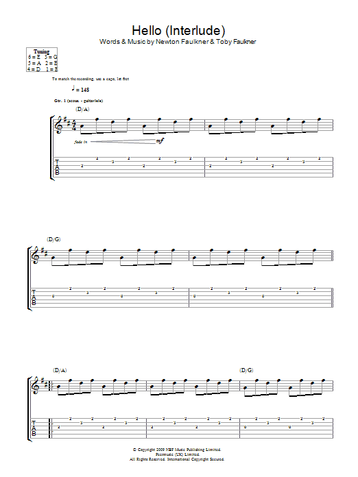Newton Faulkner Hello (Interlude) sheet music notes and chords. Download Printable PDF.