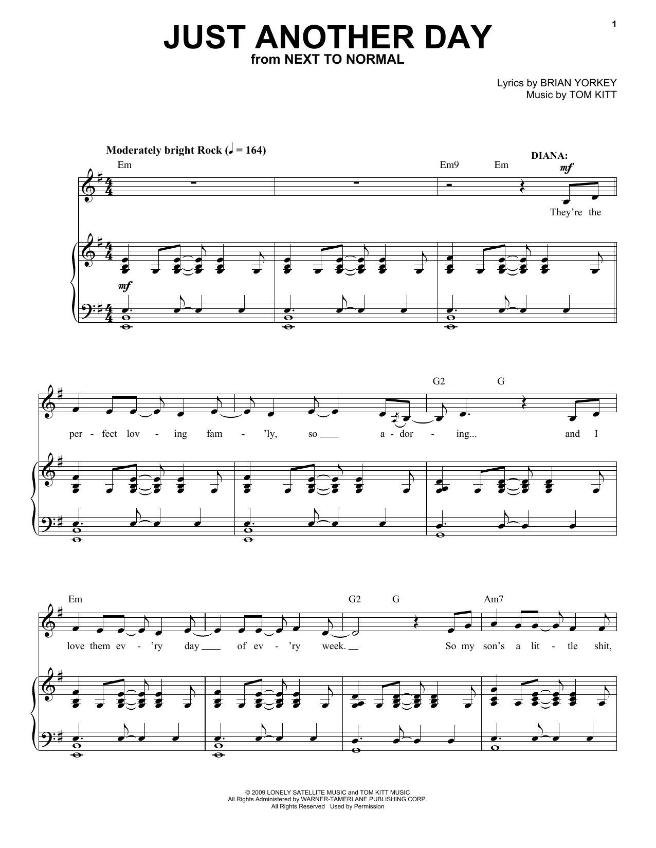 Learn to play Next to Normal Cast Just Another Day (from Next to Normal) sheet music for Piano & Vocal in minutes. Next to Normal Cast Just Another Day (from Next to Normal) sheet music notes and chords. Download Printable PDF.