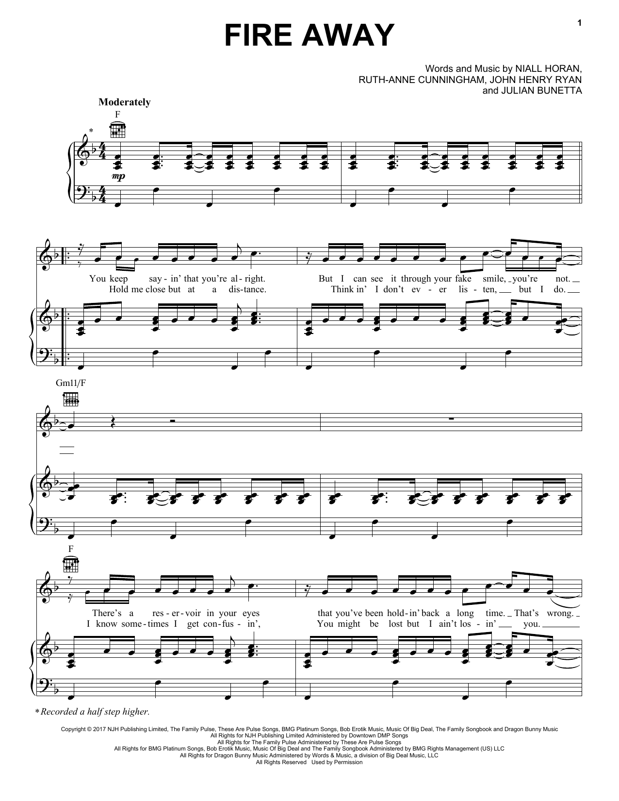 Niall Horan Fire Away Sheet Music Pdf Notes Chords Pop Score Piano Vocal Guitar Right Hand Melody Download Printable Sku