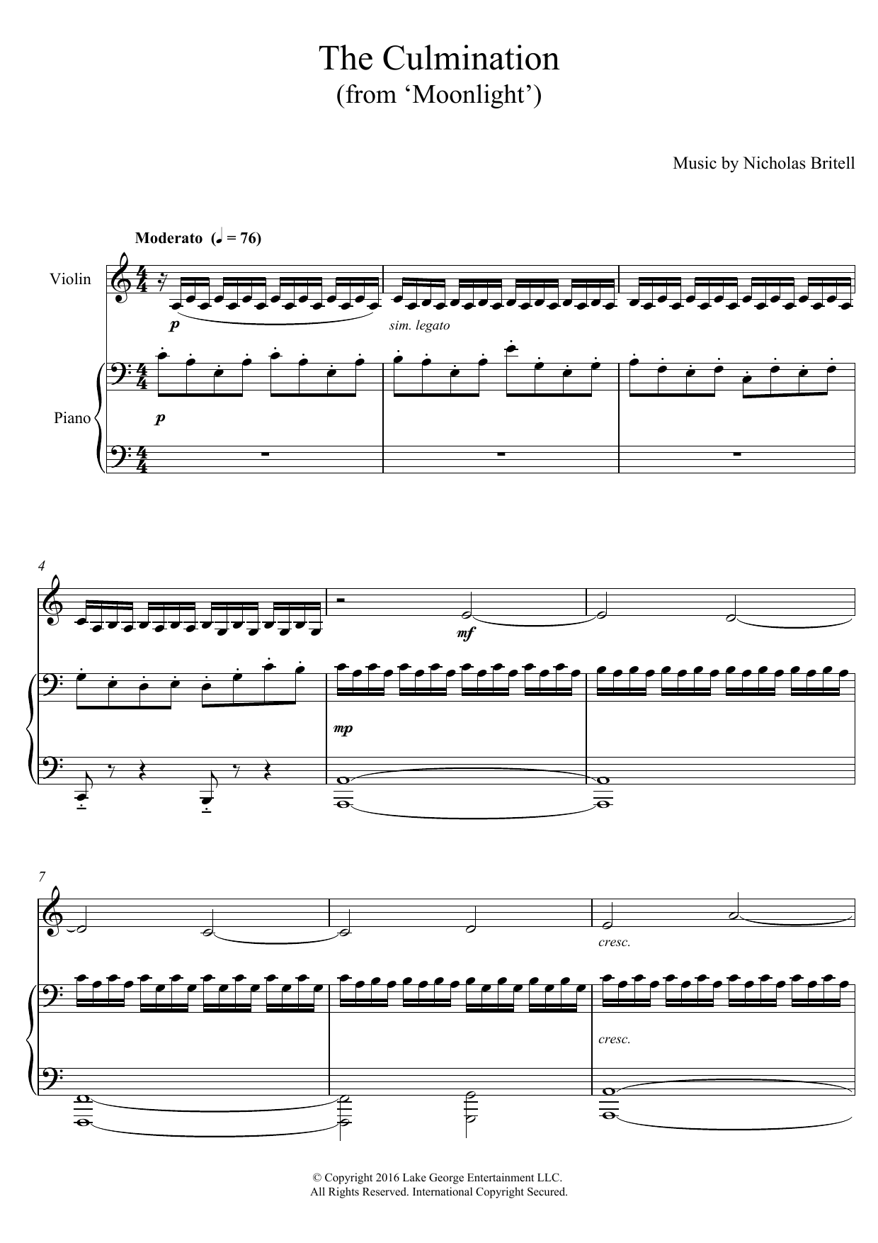 Learn to play Nicholas Britell The Culmination (from 'Moonlight') sheet music for Violin and Piano in minutes. Nicholas Britell The Culmination (from 'Moonlight') sheet music notes and chords