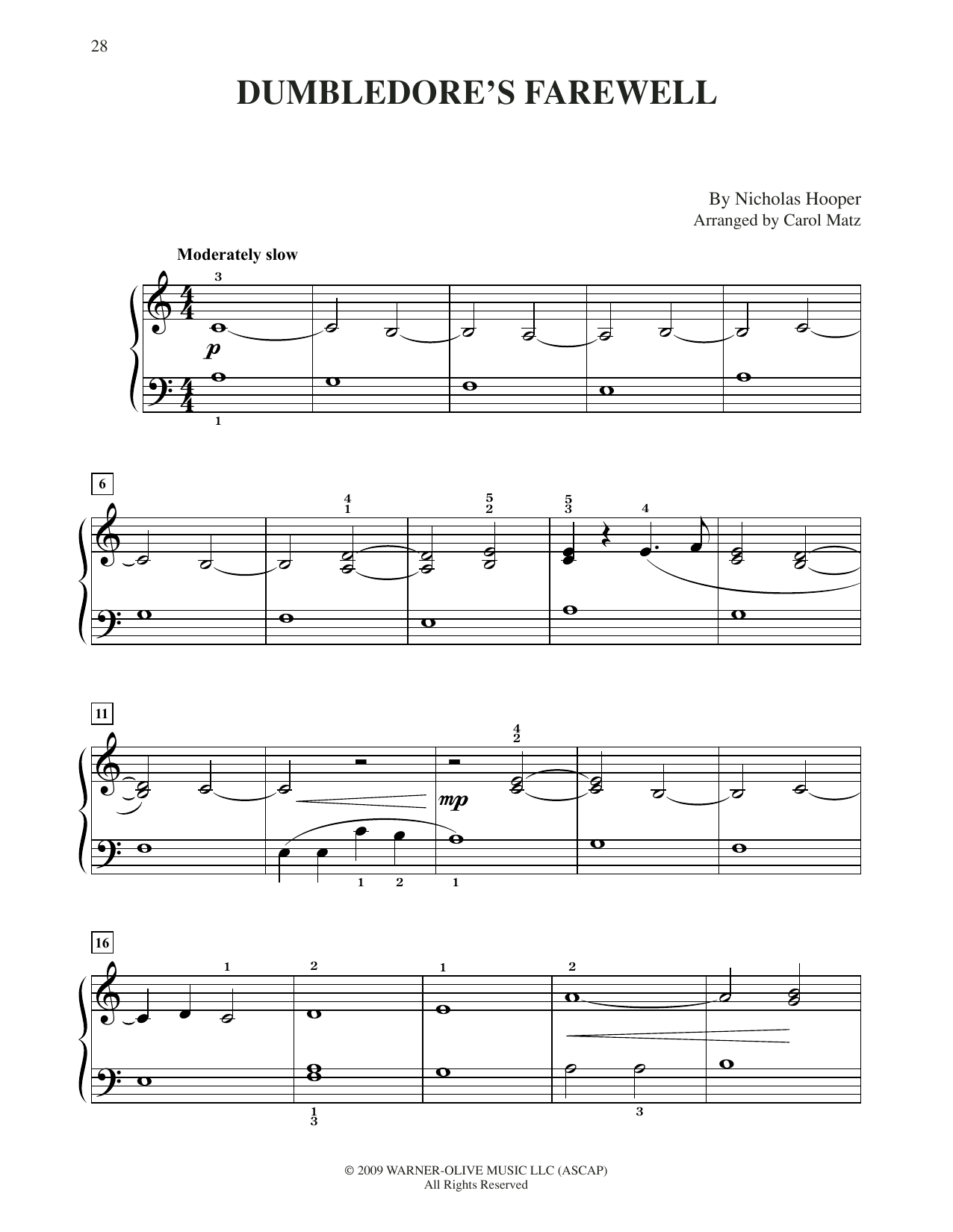Learn to play Nicholas Hooper Dumbledore's Farewell (from Harry Potter) (arr. Carol Matz) sheet music for Big Note Piano in minutes. Price: 6.9900$ Nicholas Hooper Dumbledore's Farewell (from Harry Potter) (arr. Carol Matz) sheet music notes and chords arranged for Big Note Piano