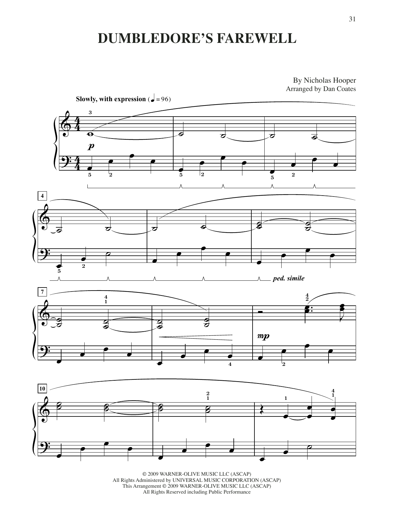Learn to play Nicholas Hooper Dumbledore's Farewell (from Harry Potter) (arr. Dan Coates) sheet music for Easy Piano in minutes. Price: 6.9900$ Nicholas Hooper Dumbledore's Farewell (from Harry Potter) (arr. Dan Coates) sheet music notes and chords arranged for Easy Piano