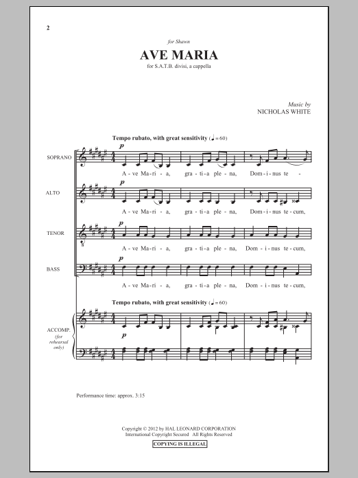 Nicholas White Ave Maria sheet music notes and chords. Download Printable PDF.