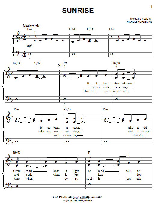 Nichole Nordeman Sunrise sheet music notes and chords arranged for Easy Piano