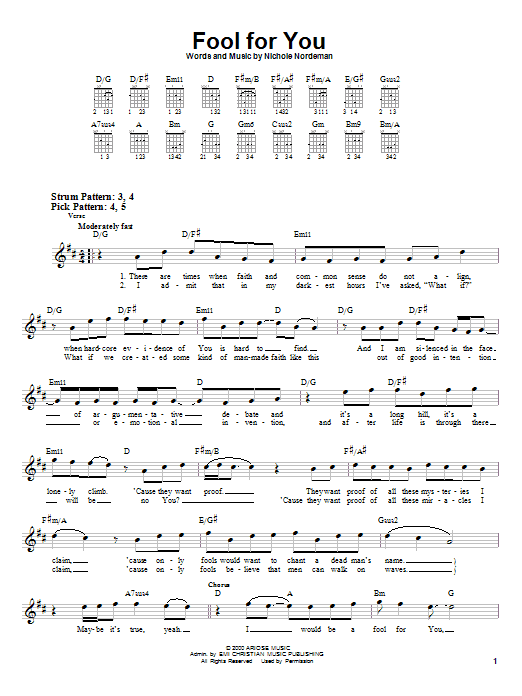 Learn to play Nichole Nordeman Fool For You sheet music for Guitar Chords/Lyrics in minutes. Nichole Nordeman Fool For You sheet music notes and chords. Download Printable PDF.